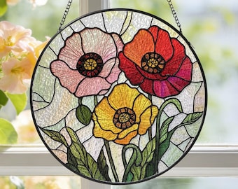 Poppy Flowers Stained Glass Suncatcher, Colorful Floral Window Hanging Decor, Floral Wall Art, Mothers Day Gift