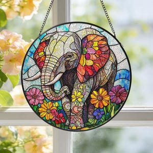 Elephant Stained Glass Suncatcher, Animal Window Hanging Decor, Floral Wall Art Decor, Birthday Gift