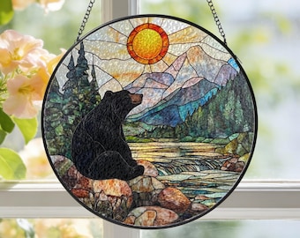 Black Bear Stained Glass, Sunset Suncatcher, Landscape Window Hanging Decor, Black Bear Lover Gift