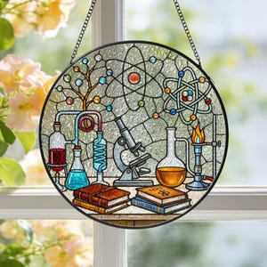 Attrape-soleil en vitrail de laboratoire de chimie, décoration suspendue pour fenêtre scientifique, art mural scientifique, cadeau d'anniversaire