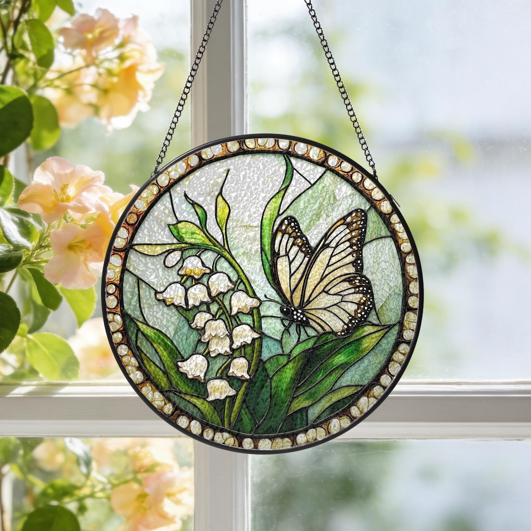 Lily of the Valley Stained Glass Suncatcher, Butterfly Window Hanging ...