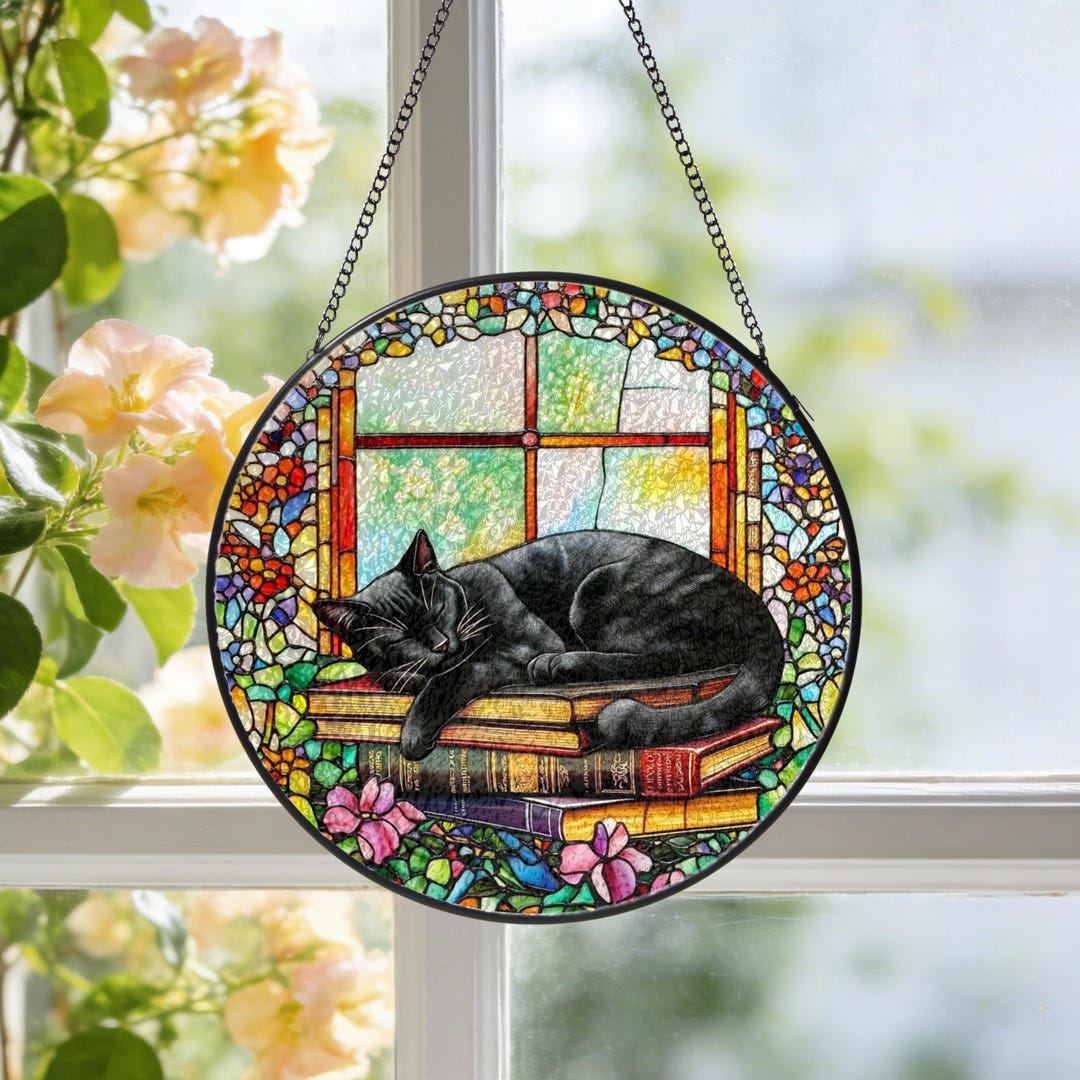 Black Cat Stained Glass Suncatcher, Floral Books Window Hanging Decor ...