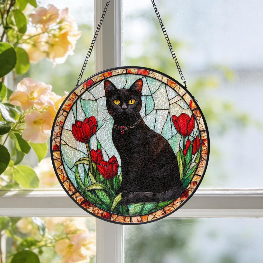 Black Cat Suncatcher, Red Tulip Stained Glass Window Hanging, Cat Lover ...