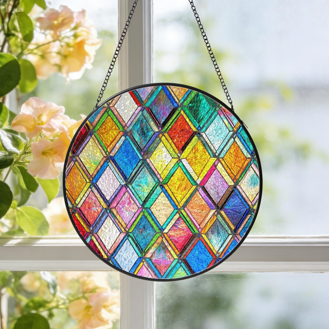 Colorful Diamond Pattern Stained Glass Suncatcher, Art Window Hanging ...