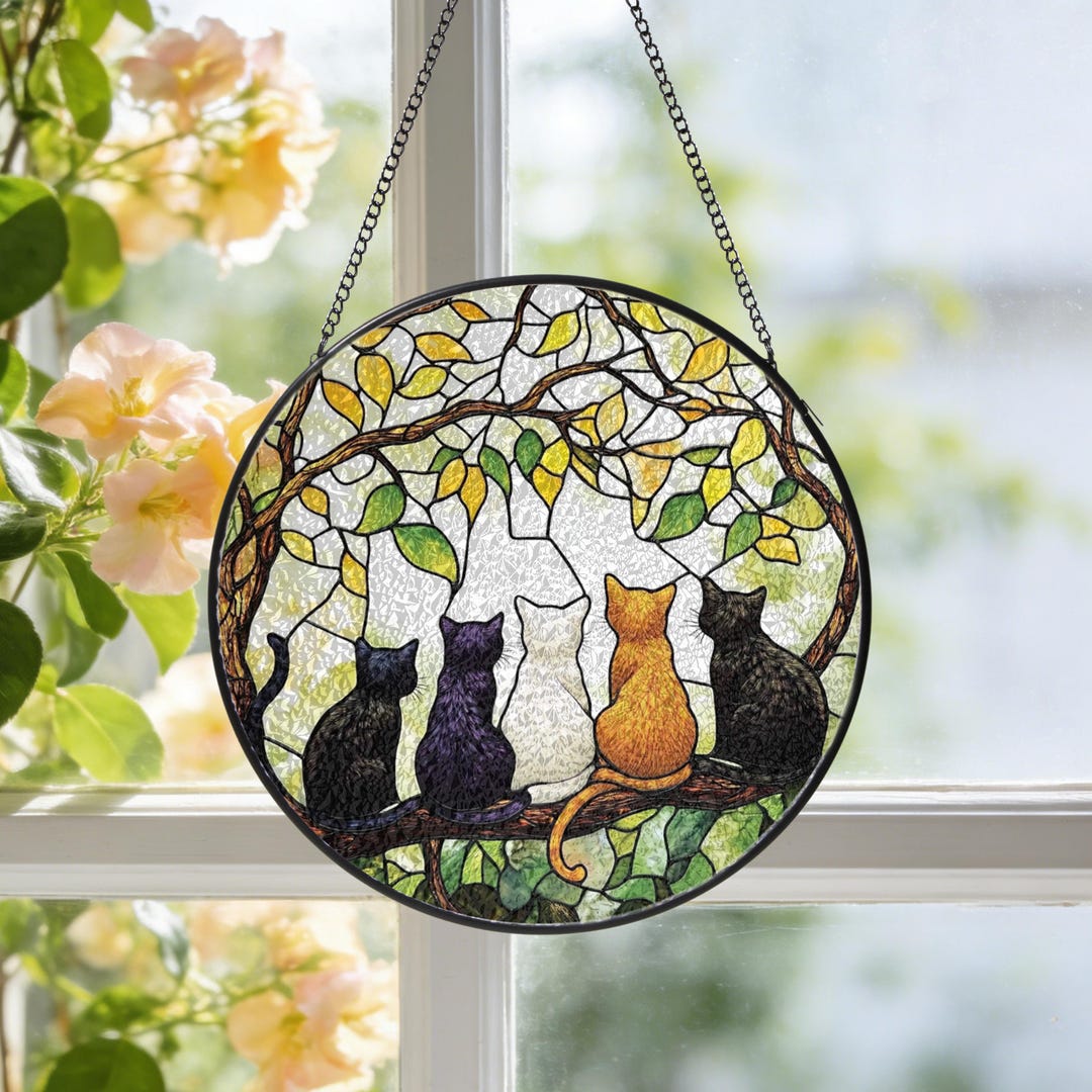 Cats on Branch Stained Glass Suncatcher, Cat Window Decor, Gift for Mom ...
