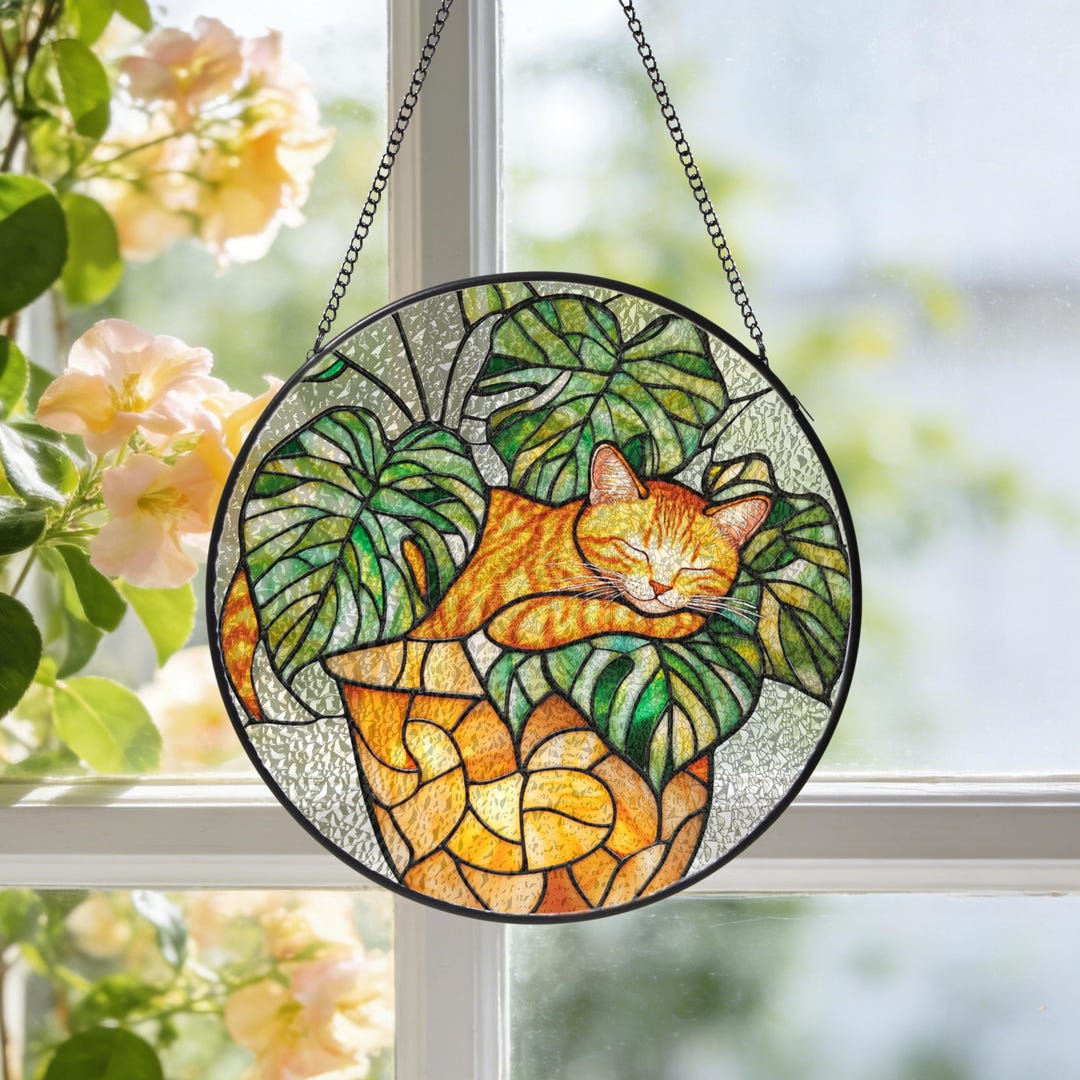Orange Cat Stained Glass, Monstera Suncatcher, Plant Animal Window ...