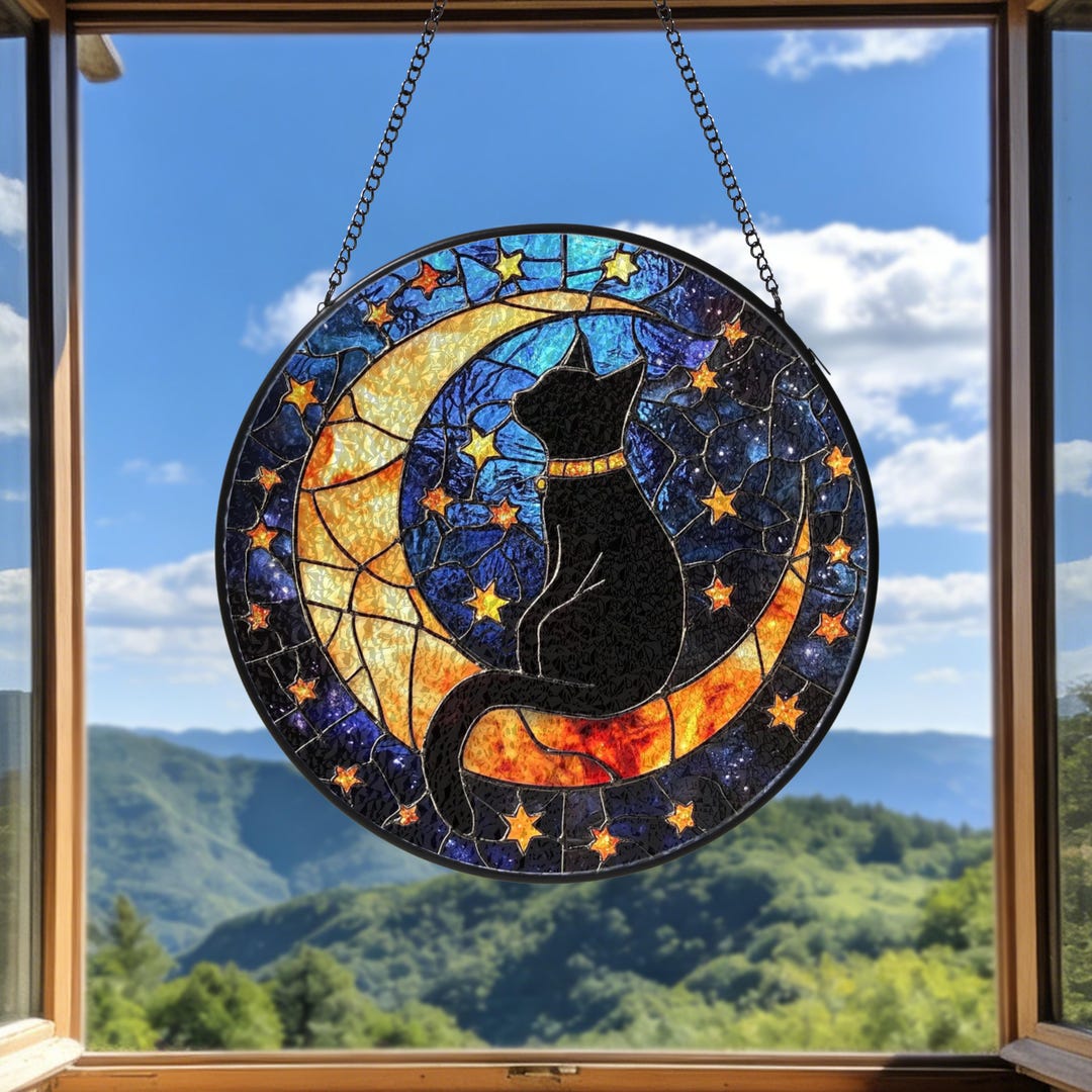 Black Cat on Moon Suncatcher, Cat Stained Glass, Window Hanging Decor ...