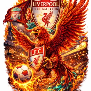 Puede incluir: Ilustración vibrante con el emblema del Liverpool Football Club. Un fénix de fuego sostiene un escudo con el logo L.F.C. y un balón de fútbol. La imagen incluye las palabras "You'll Never Walk Alone."