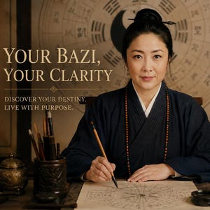 May include: A person in a dark blue robe sits at a wooden desk with calligraphy brushes, an ink stone, and a paper chart. The text reads: YOUR BAZI, YOUR CLARITY. DISCOVER YOUR DESTINY. LIVE WITH PURPOSE. A large circular diagram is visible behind them.