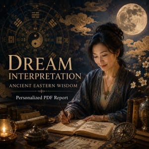 May include: A digital graphic featuring the text DREAM INTERPRETATION ANCIENT EASTERN WISDOM Personalized PDF Report. The image displays a person writing in an open book, surrounded by a glowing moon, a circular zodiac chart, and a lit oil lamp.