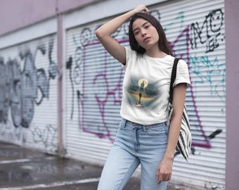 Camiseta con silueta de meditación a la luz del sol / Gráfico de amanecer espiritual