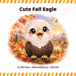 May include: A digital illustration of a baby eagle with white and brown feathers, large dark eyes, and pink cheeks, perched on a branch. The background features autumn foliage, mountains, and a lake. Text reads: Cute Fall Eagle, 14 JPG files, 4000x4000 px, 300 DPI.