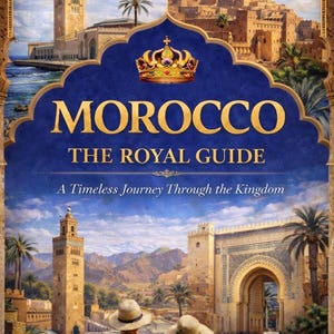 Puede incluir: Portada del libro "MOROCCO THE ROYAL GUIDE" con fondo azul y letras doradas. La ilustración muestra arquitectura marroquí, una corona y un globo aerostático. El nombre del autor, SIHAM DARIFFE, está en la parte inferior.