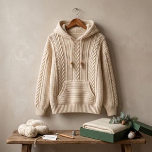 Peut inclure: Un sweat à capuche en tricot torsadé de couleur crème avec un motif texturé, une poche kangourou sur le devant et des manches longues. Le vêtement comprend une capuche avec des cordons assortis terminés par des perles en bois.