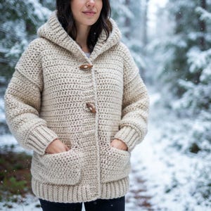 Hearthside Hooded Crochet Jacket Pattern, Chunky Cardigan PDF (XS-5XL)