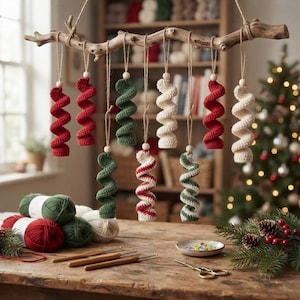 May include: A collection of ten spiral-shaped crochet ornaments hanging from a natural wooden branch. The ornaments are crafted in red, green, white, and striped patterns, each topped with a wooden bead and suspended by twine.
