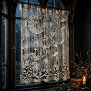 May include: A cream-coloured crochet curtain featuring a grid pattern with integrated designs of a crescent moon, multiple flying bats, small stars, and bare tree branches along the bottom edge, suspended from a dark metal rod in a window frame.