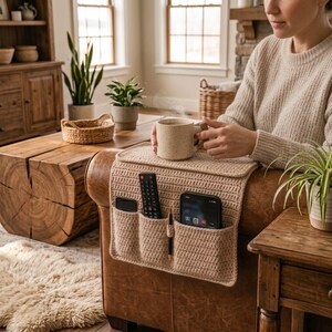 May include: A beige crocheted armrest organiser draped over a brown leather chair, featuring three pockets containing a black remote control, a smartphone, and a pen, with a matching beige mug resting on the flat top surface of the organiser.