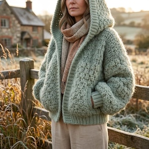 Può includere: Un cardigan con cappuccio in maglia grossa color verde salvia con un motivo testurizzato a noccioline, maniche lunghe con polsini a coste, orlo a coste e due tasche frontali, indossato sopra una sciarpa beige e pantaloni chiari all'aperto.