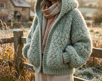 Puede incluir: Un cárdigan con capucha de punto grueso en color verde salvia con un patrón texturizado de puntos, mangas largas con puños acanalados, dobladillo acanalado y dos bolsillos delanteros, usado sobre una bufanda beige y pantalones claros al aire libre.