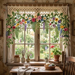 May include: A crochet window valance featuring a dense arrangement of green vines, fern leaves, and various colorful flowers including roses, daisies, and bell-shaped blossoms. The valance has a cream-colored lattice top edge and hangs over a window.