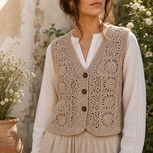 Puede incluir: Un chaleco de ganchillo beige con un patrón de motivos circulares repetitivos, escote en V y tres botones de color marrón oscuro en la parte delantera. La prenda sin mangas se lleva sobre una camisa blanca de manga larga y una falda clara.
