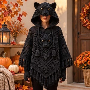 May include: A black crochet poncho featuring an integrated hood shaped like a panther head with yellow eyes. The garment displays intricate geometric patterns, a central panther face motif, long tassels along the hem, and matching fingerless gloves.
