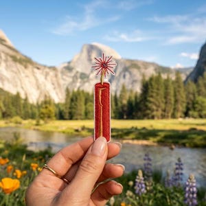 May include: A red and yellow embroidered patch in the shape of a firecracker, held up against a scenic backdrop of mountains, trees, and a river. The patch has a detailed design with a starburst at the top.