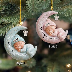 Baby’s First Christmas 2D FLAT Ornament Custom Moon Sleeping Acrylic Keepsake Personalized Newborn Gift Holiday Decoration