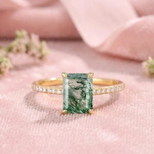 Bague en agate mousse naturelle taille émeraude, bague en or, argent, empilage délicate, bague promesse, anniversaire pour femme, cadeau de Noël