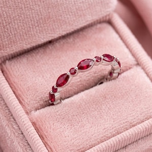 Full eternity Marquise cut Ruby wedding band Unique White gold wedding band Dainty Matching Stacking ring Anniversary band ring for her