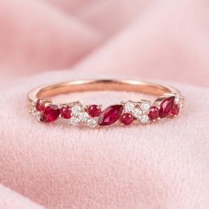 Vintage Ruby wedding band Rose gold wedding band Unique Marquise cut Diamond Half eternity wedding band Bridal Matching Stackable band