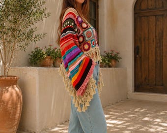 Florale Häkelponcho-Anleitung PDF | Boho Oma Square Top mit Quasten | Gänseblümchen-Spitze-Sommer-Überwurf | Mandala Motiv Häkelanleitung