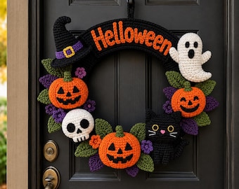Patrón de corona de ganchillo de Halloween en PDF, colgante de puerta de amigurumi con forma de calabaza, fantasma y murciélago, letrero de bienvenida de calabaza de Halloween, decoración de ganchillo espeluznante