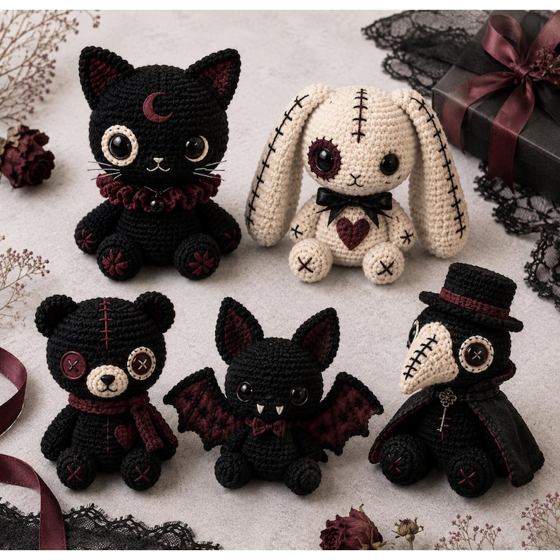 Peut inclure: Cinq peluches crochet&eacute;es &agrave; la main comprenant un chat noir avec un croissant de lune, un lapin cousu couleur cr&egrave;me, un ours noir aux yeux boutons, une chauve-souris noire aux ailes rouges et un m&eacute;decin de peste avec chapeau et cape.