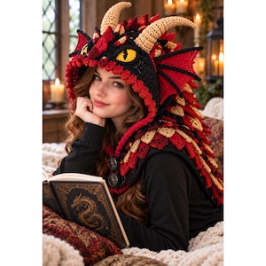 May include: A crochet dragon hood featuring a black base with red and beige scale-like textures, two beige horns, and yellow eyes. The hood includes side wings and is fastened with two circular metal buttons at the front neck area.