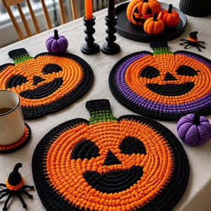 May include: A collection of Halloween-themed crochet decorations. The image features pumpkin-shaped placemats in orange, black, and green, with jack-o'-lantern faces. There are also small orange and purple pumpkins, black candlesticks, and orange candles. The scene is set on a table.