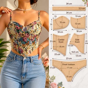 May include: A floral print corset top with adjustable straps. The image also shows pattern pieces with measurements in centimeters, including a 34 cm long strip, and various shapes labeled "Center front" and "Side front".