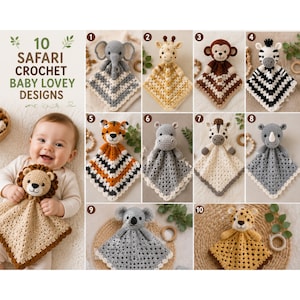Peut inclure: Une collection de 10 modèles de doudous au crochet sur le thème du safari, représentant divers animaux dont un éléphant, une girafe, un singe, un zèbre, un tigre, un hippopotame, un rhinocéros, un koala, un léopard et un lion.