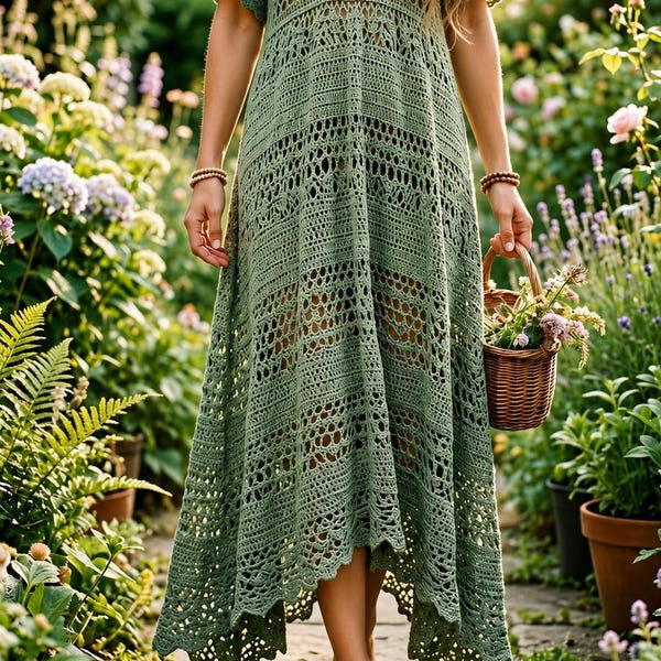 Crochet Lace Maxi Dress Pattern PDF | Floral Boho Wedding Gown Tutorial | Summer Beach Cover Up Dress | Open Back Mesh Bridal Outfit