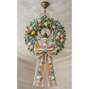 May include: A handcrafted crochet wreath with a spring theme. The wreath features colorful tulips, blue flowers, and green leaves. A large bow with bee and sheep details hangs below the wreath. A small lamb figure is centered above the bow.
