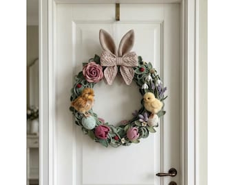 Crochet Easter Wreath Pattern PDF, Amigurumi Bunny Door Decor, Spring Wreath with Eggs & Chicks, Easter Home Decoration, Digital Download