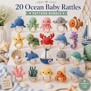 Virkade skallror i PDF-format, amigurumimönster med 20 havsdjur, bitleksak med havsdjur, babyshowerpresent, direktnedladdning