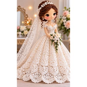May include: A crocheted doll with brown hair styled in an updo, wearing a white off-the-shoulder lace gown and a long matching veil. The doll features large dark eyes, rosy cheeks, and holds a small bouquet of white flowers and green foliage.