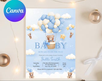 Editable Brown Bear Balloon Baby Shower Invitation We Can Bearly Wait Baby Shower Invite, Blue Boy Boho Bear Baby Shower