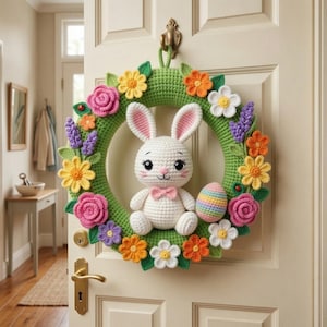 May include: A handmade crochet Easter wreath featuring a white bunny with pink-lined ears and a pink bow tie, surrounded by colourful crochet flowers and a striped egg. The wreath is green and is hanging on a white door.