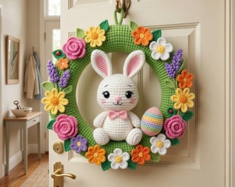 Crochet Easter Bunny Wreath Pattern PDF, Spring Floral Door Hanger, Amigurumi Bunny with Flowers, Nursery Wall Decor, Digital Download