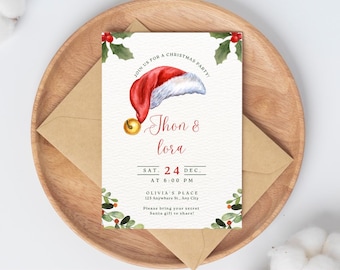 Red Watercolor Christmas Party Invitation Template | Editable Holiday Invite | Printable Xmas Party Card | Canva PDF