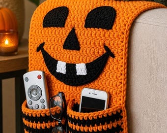 Patrón PDF de organizador de brazo de sofá de ganchillo para Halloween, organizador de sofá con forma de calabaza, soporte para mando a distancia con forma de fantasma, cesta de reposabrazos espeluznante, descarga instantánea.