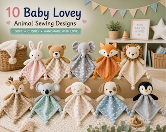 Lot de 10 patrons de couture PDF pour doudous animaux | Lapin, ours, éléphant, renard et plus encore | Patrons de couture pour couverture de sécurité | Cadeau de naissance à faire soi-même
